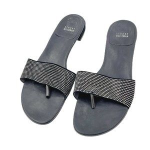 Stuart Weitzman Black Leather Rhinestone Thong Sandals Size 11M